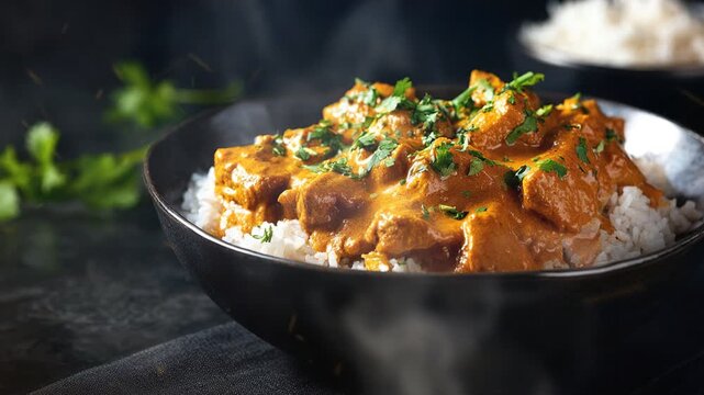 Butter Chicken with rice indian food in dish on dark background with smoke