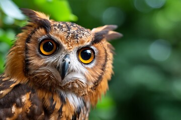 Naklejka premium Captivating Close-Up of a Wise Owl with Piercing Eyes and Detailed Feathers