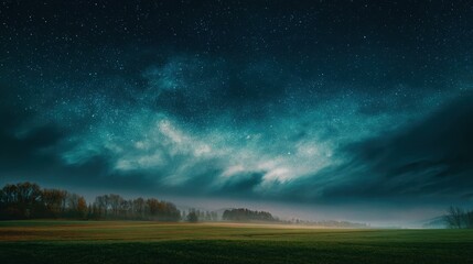 Vast starry night sky over misty landscape