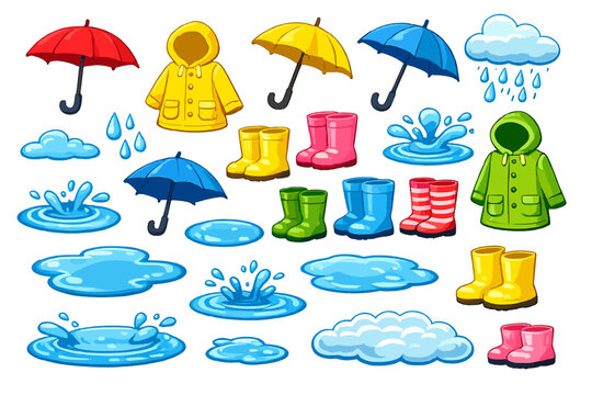 Rainy day items such as umbrellas, raincoats, and boots in various colors on a white background for a fun and playful setting