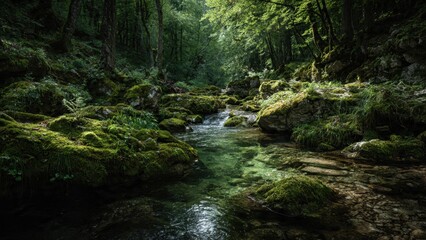 Fototapeta premium Forest stream with moss covered rocks