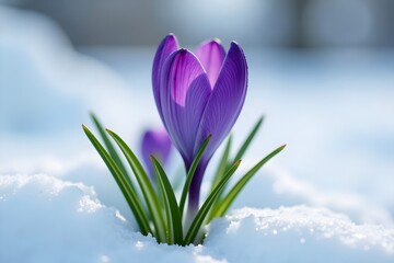 Purple Crocus Flower Blooming Through Snow, Early Spring Nature Awakening