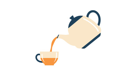 A minimalist beige and dark blue teapot pouring hot orange tea into a small orange and blue teacup.