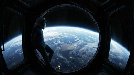 Naklejka premium Space Tourist Watching Earth from Observation Dome Future Space Travel Silhouette