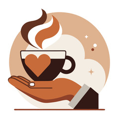 Vector illustration of a hand gently holding a steaming coffee cup, symbolizing warmth, comfort, and morning relaxation.