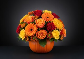 Fototapeta premium Vibrant seasonal centerpiece featuring orange, red, and yellow roses, gerberas, and chrysanthemums overflowing from a bright pumpkin vase, rustic, yellow, seasonal
