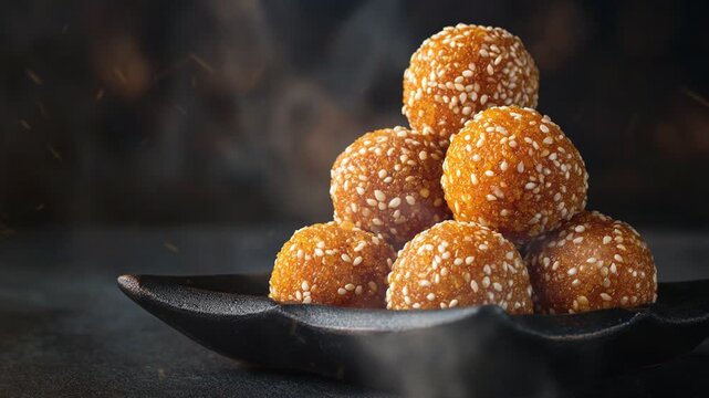 Ladoo indian food in dish on dark background with smoke