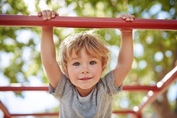 Fototapeta premium Young child climbing red monkey bars in a playground, smiling while holding onto the horizontal bar with trees and sunlight in the background