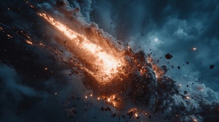 Fire erupts from explosion in dark clouds over the landscape at evening