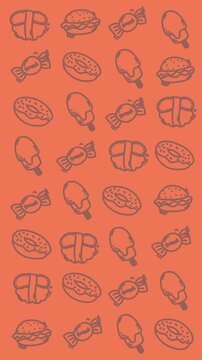 Seamless orange food icons pattern background with candies donuts burgers and popsicles