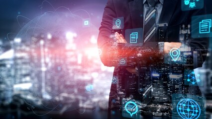 A businessman stands confidently in front of a vibrant cityscape, surrounded by digital icons symbolizing technology and innovation, showcasing a modern corporate vision. Xenic © InfiniteFlow