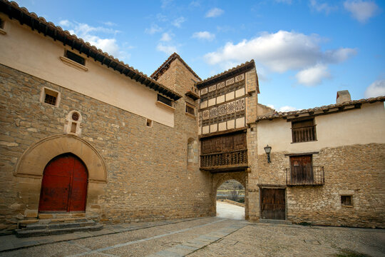 Portal de las Monjas from the inside in the historic center of Mirambel, Teruel, Aragon, Spain