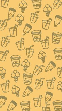 Seamless food and drink icons pattern on yellow background