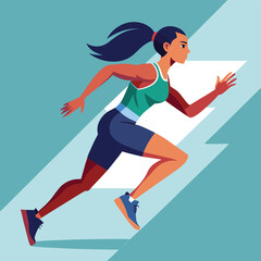 Energetic flat vector illustration of a female sprinter bursting from the starting blocks, embodying power, speed, and the thrill of the race.