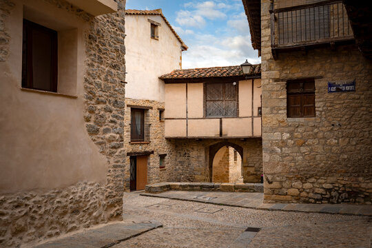 Typical cobbled street in the historic center of Mirambel, Teruel, Aragon, Spain