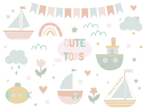 A set of cute children's toys in a simple style with boats, clouds, k