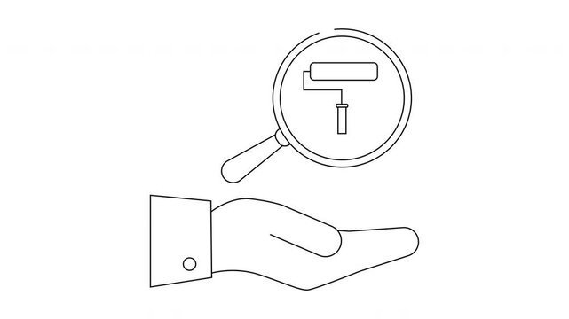 Hand Holding Magnifying Glass Over Paint Roller Icon.