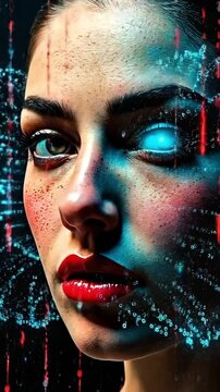 Biometrics and scanning concept with Reading data from a young girl's face. Close-up. Concept of virtual communication and world of connections with the multimedia of the future, in medicine and virtu