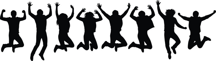 Vector silhouettes of happy young people jumping in the air isolated on white background, diverse group of friends celebrating success and freedom together