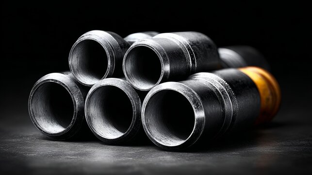 Close-up view of several black metal pipe fittings arranged in a stack on a dark surface, showcasing threaded ends and varying sizes for industrial applications