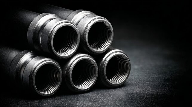 Close-up view of five metallic threaded pipe fittings stacked on a dark surface, showcasing their detailed design and industrial characteristics