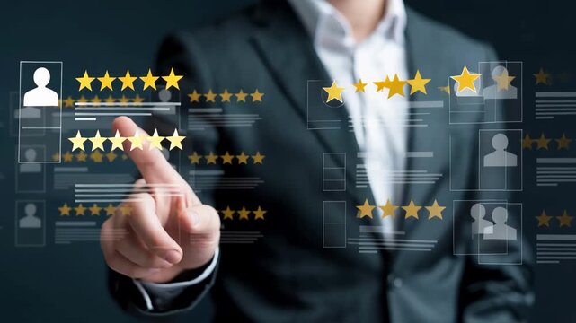 Customer Review and Feedback: An elegant professional, clad in a formal suit, interacts with a virtual interface, highlighting the importance of customer reviews and feedback.