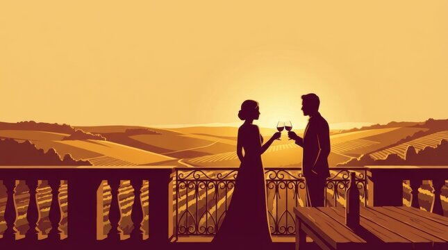 Woman and man silhouettes making a toast from a balcony at sunset with vineyards view. Romantic couple for Saint Valentine Day.