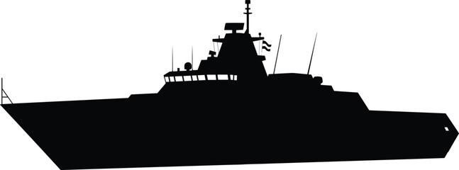Vector silhouette of a modern military naval ship or coast guard cutter isolated on white background, black warship icon for maritime and defense projects ©  Creative Crafter