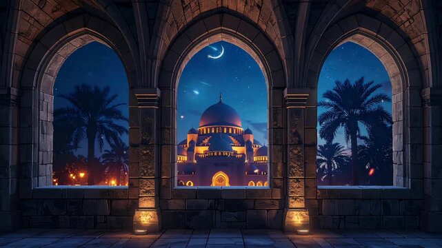 Fake Window Background Islamic Mosque Night ramadan Loop