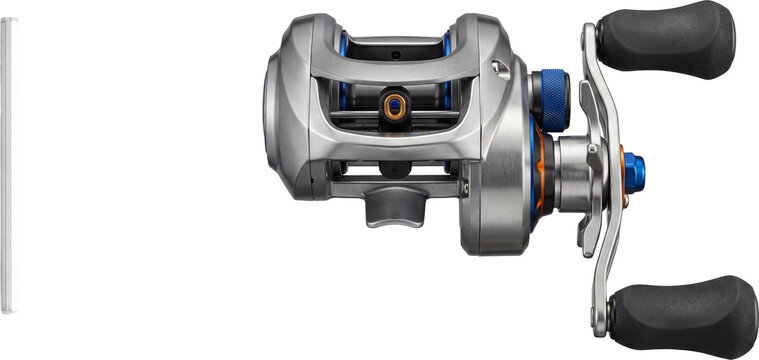 Stainless steel baitcasting reel with dual-handle design.