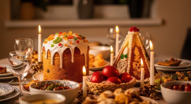 Traditional easter table with kulich topped with white icing and candied fruits beside decorated paskha cottage cheese dessert and red dyed eggs illuminated by candlelight in warm home interior.