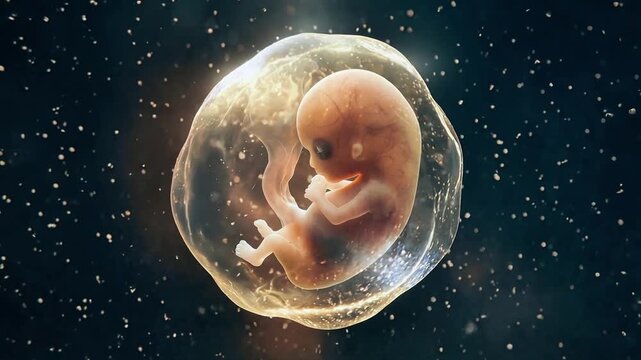 Developing human embryo floating in amniotic sac as it grows and curls inside a dark fluid background