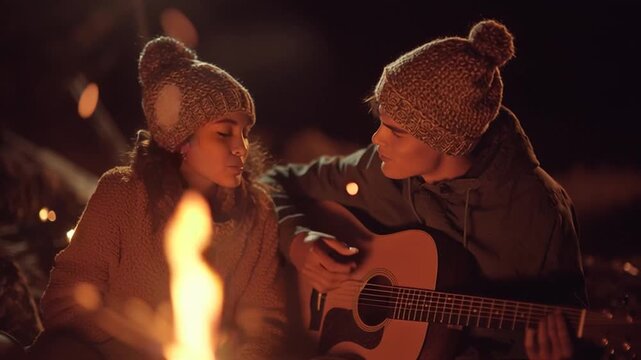 Young Couple Sharing Acoustic Guitar by Cozy Winter Campfire