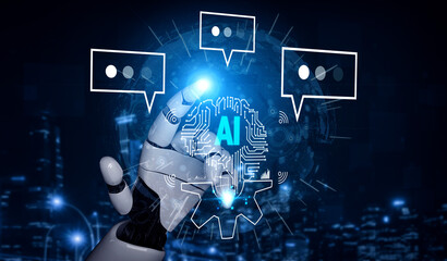 Futuristic Robot Hand Interacting with Artificial Intelligence Concept in Digital Environment with Communication Bubbles and Circuit Patterns Quark.