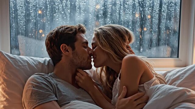 Romantic couple shares a tender kiss on a cozy bed with a rainy day outside, evoking feelings of love and intimacy.