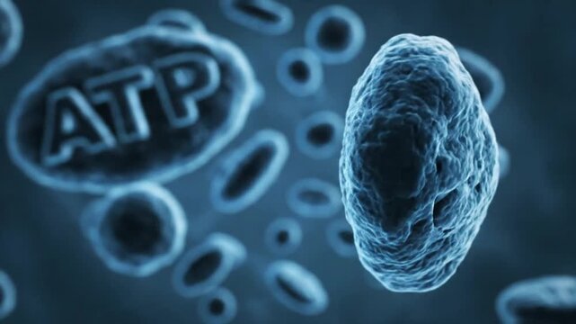 Detailed scientific rendering of an ATP molecule within a cellular structure, illustrating energy transfer