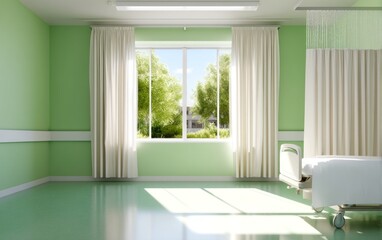 Fototapeta premium Bright Hospital Room with Pastel Green and Beige Walls and Large Windows