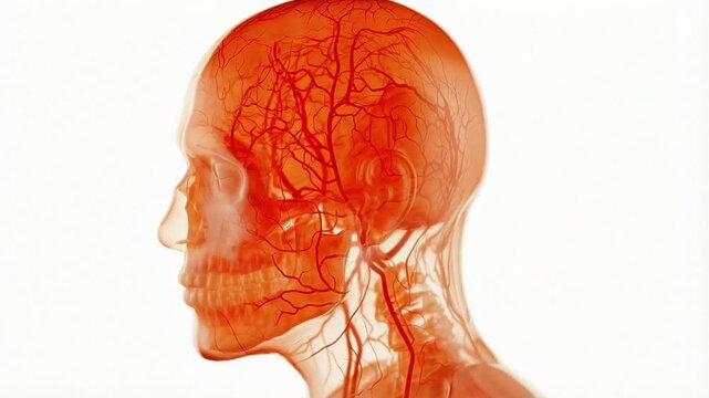 Transparent human head rotates in profile revealing skull structure and brain blood vessels in motion