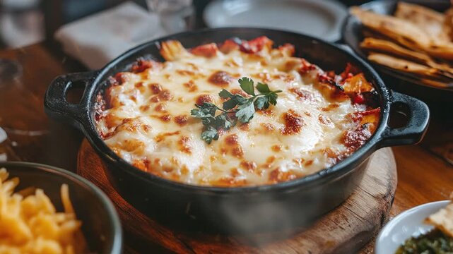 Queso Fundido in dish on the table with smoke