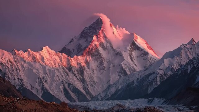 Majestic mountain peaks glow in the evening light at K2 in Pakistan, showcasing nature's beauty and the vastness of the landscape while the sky transitions to purple hues