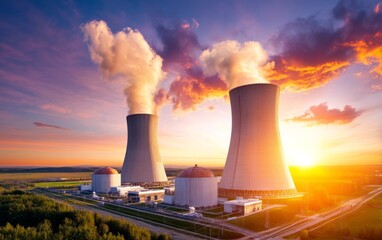 Dramatic Aerial View of Modern Nuclear Power Plant at Sunset