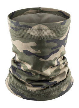 Camouflage neck gaiter with stretchable fabric.