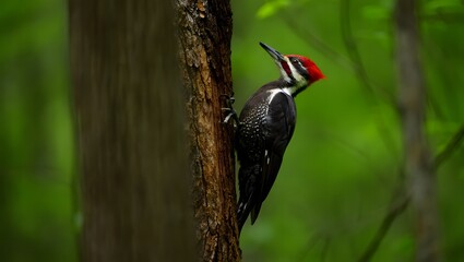 Fototapeta premium Vibrant woodpecker perched on tree trunk in lush green forest