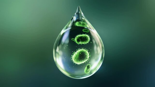 Transparent water droplet moves as green bacteria and microbes drift and swirl inside on a blurred background