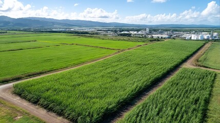 Midmorning Aerial View of Green Sugarcane Fields and Industrial Area