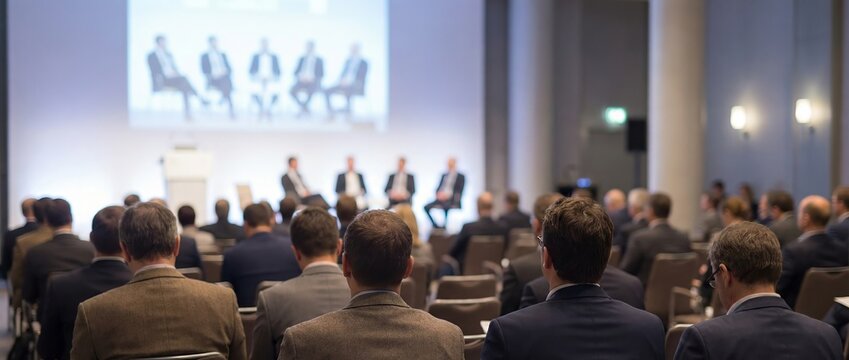 A group of formally dressed people sitting in rows of chairs watching a panel discussion on a large screen in a conference room with a stage and a podium