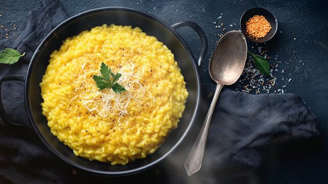 Risotto alla Milanese in dish on dark background and top view with smoke