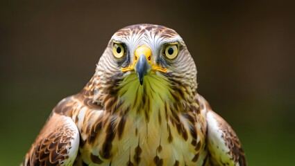 Close-up of a stunning brown and white bird of prey with sharp yellow eyes