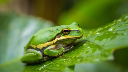 Obraz premium Vibrant green frog sitting on leaf with water droplets in natural habitat
