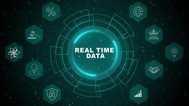 Real time data analytics concept with digital processing system and modern information technology interface animation background 4k